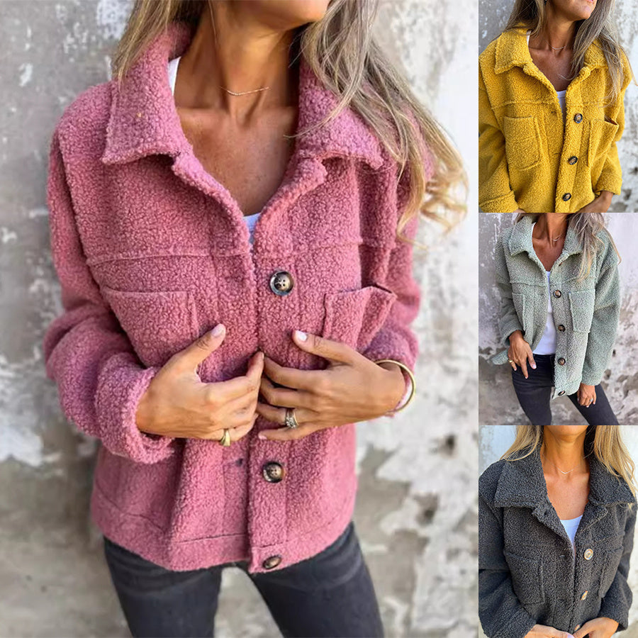 Women's Lamb Wool Coat Winter Lapel Single Breasted Jacket Outwear Warm Cropped Tops Clothing
