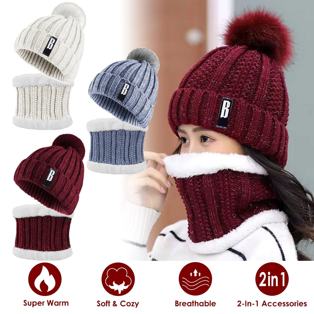 Winter Beanie Hat Scarf Set Women Warm Knitting Skull Cap Neck Warmer for Walking Running Hiking Camping Outdoors Gift